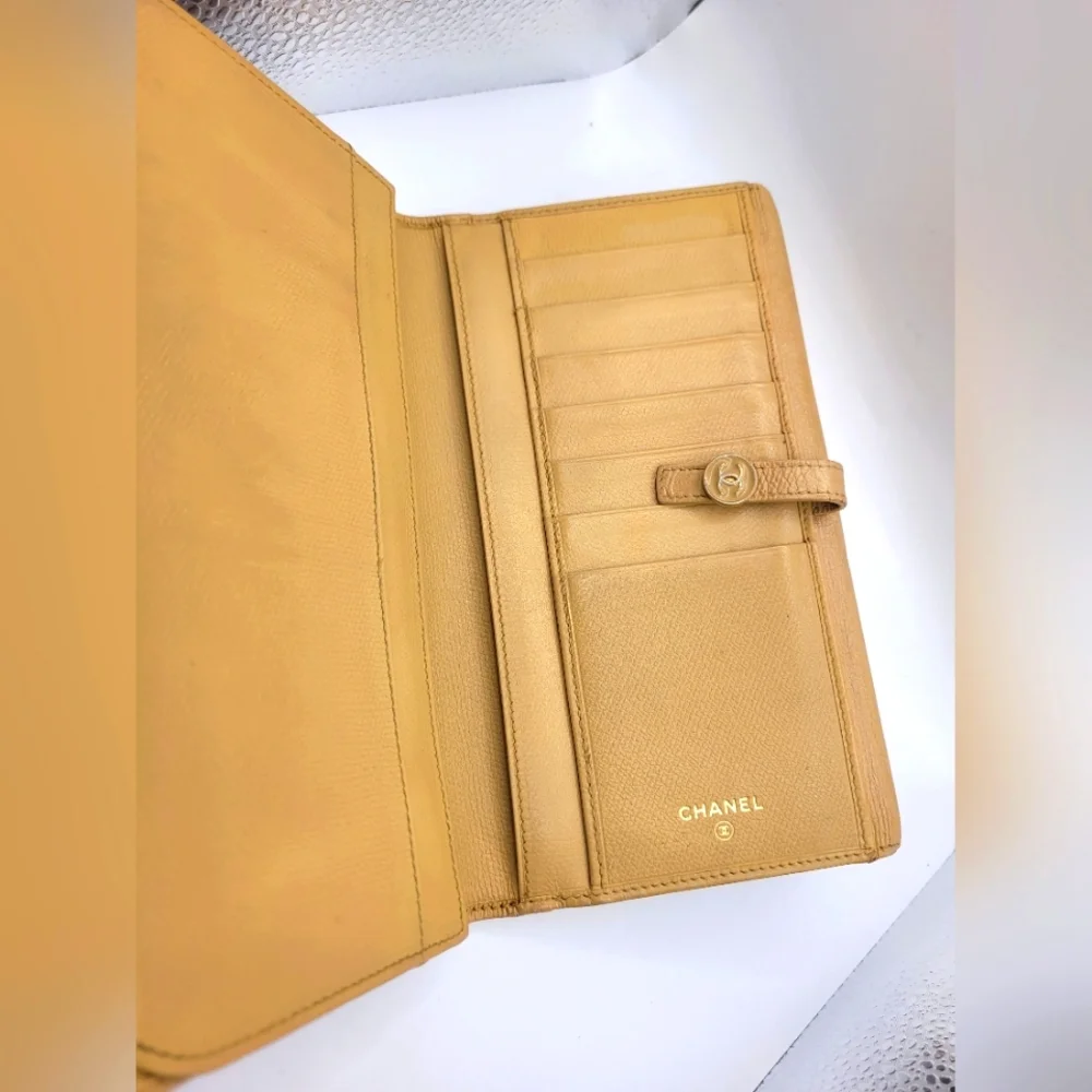 Chanel Coco Button Beige Gold Long Grained Wallet
